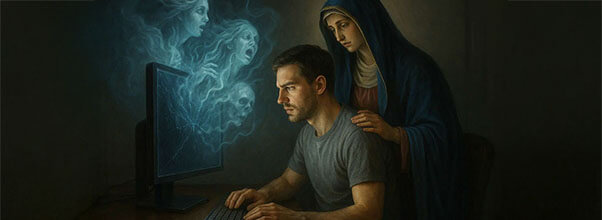 man viewing internet virgin mary